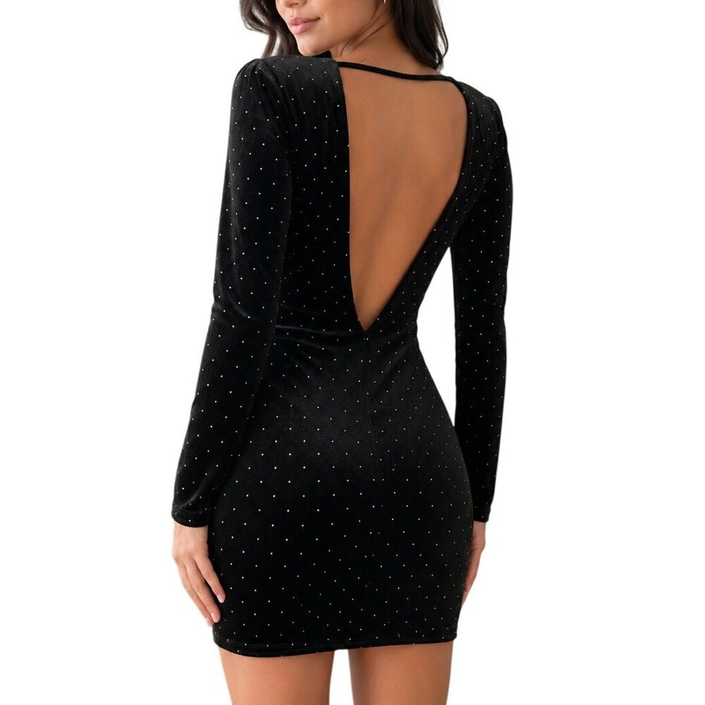 Express Black Velvet Gold Stud Long Sleeve Open Back Bodycon Mini Dress Small